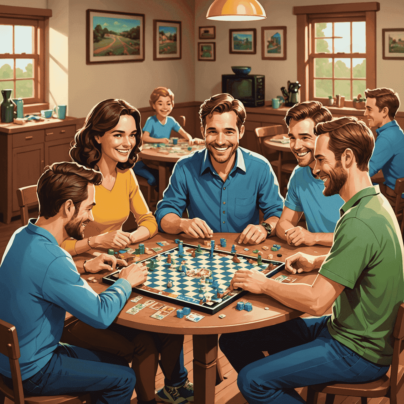 Tim FamilyGames sedang bermain permainan papan bersama, tersenyum dan tertawa di sekitar meja yang penuh dengan berbagai permainan papan populer