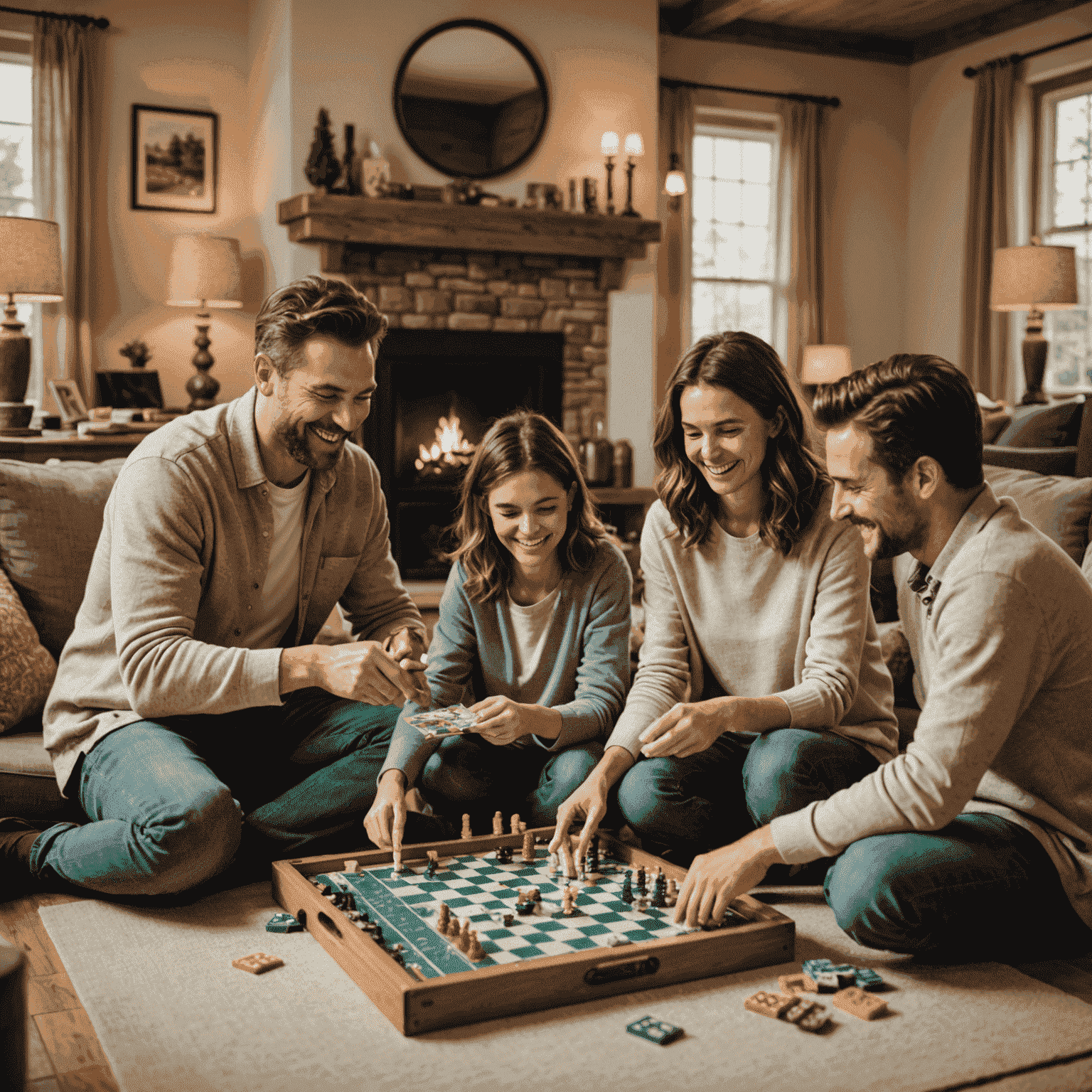 Sebuah keluarga bahagia sedang bermain permainan papan bersama di meja ruang keluarga yang nyaman