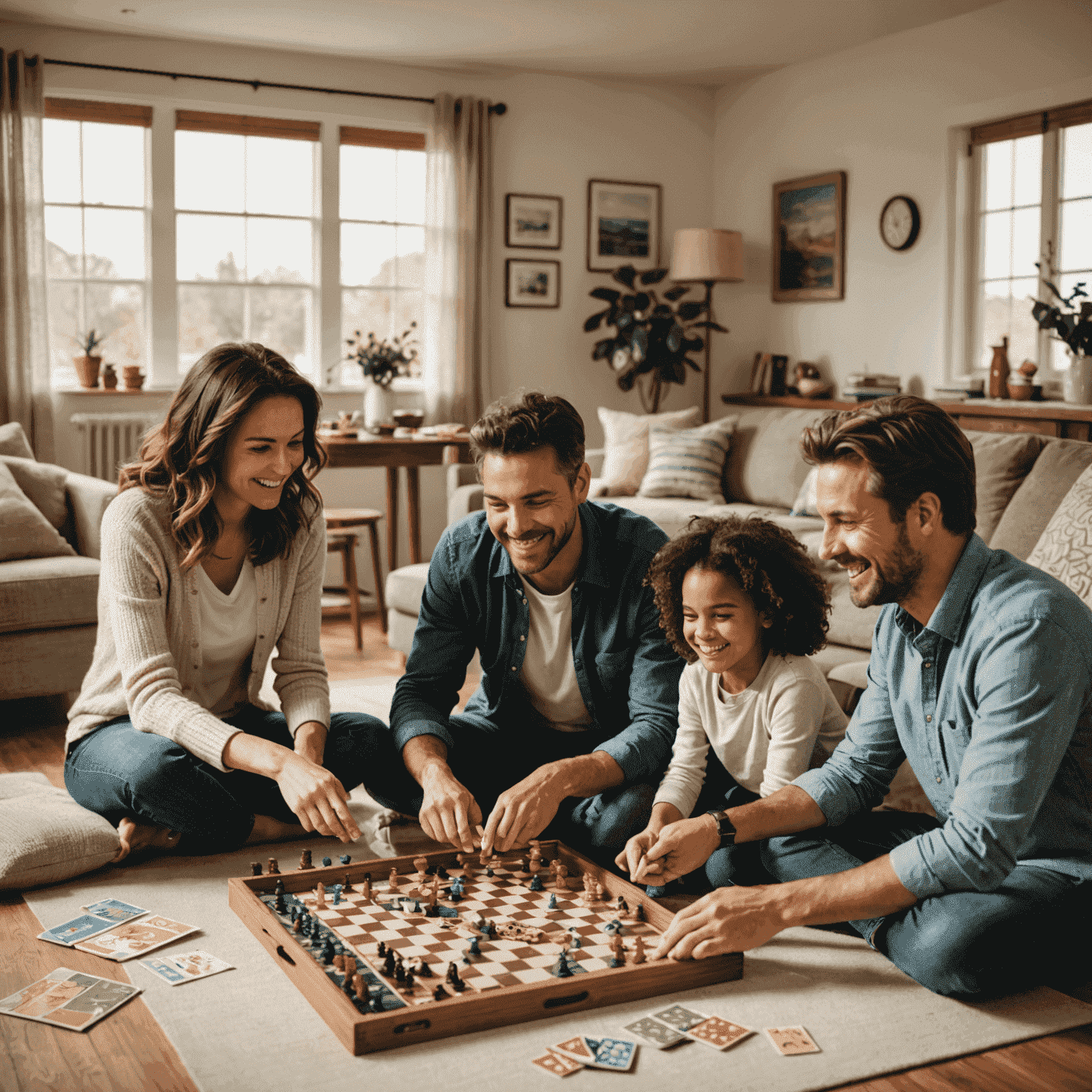 Sebuah keluarga bahagia sedang bermain permainan papan bersama di meja ruang keluarga yang nyaman