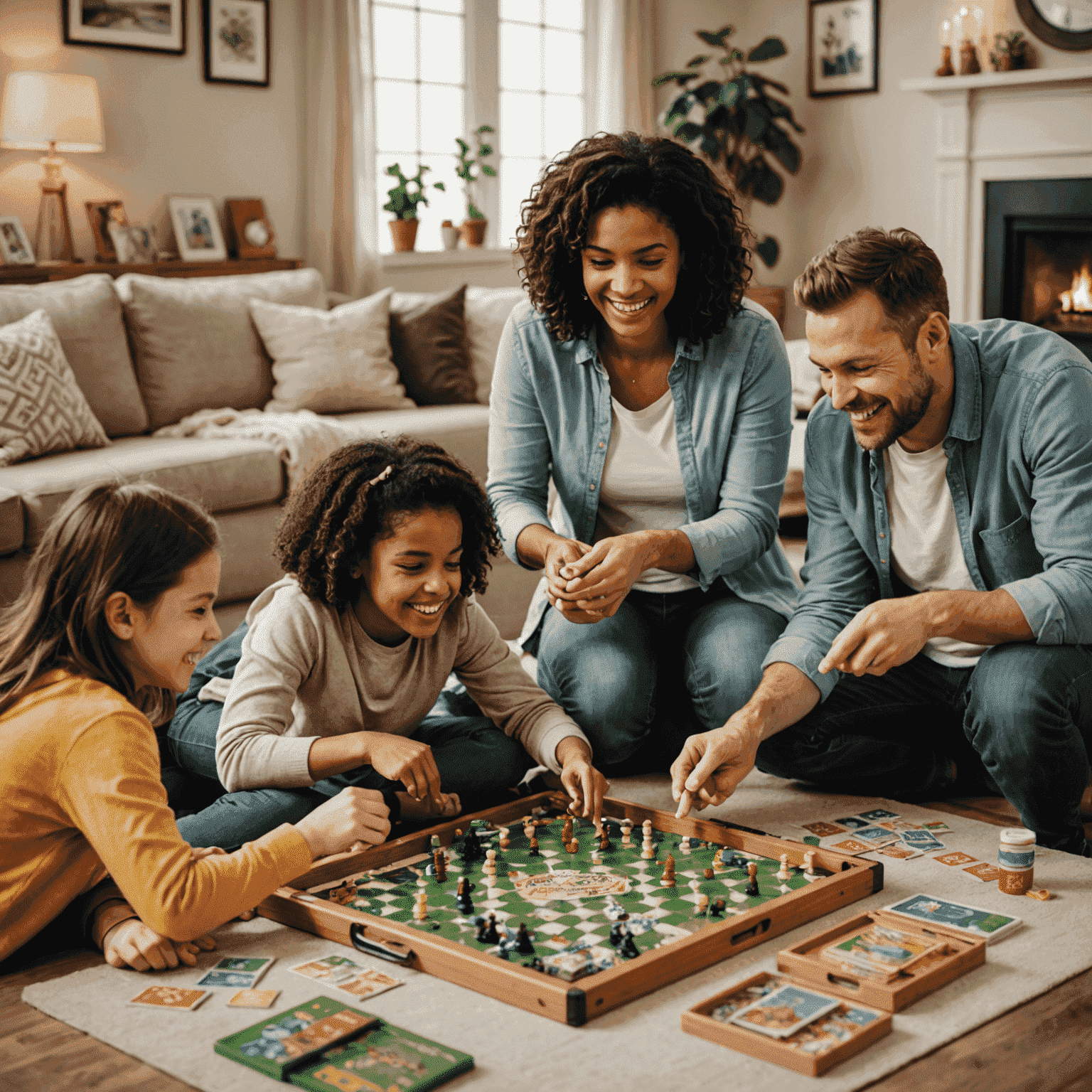 Keluarga bahagia bermain permainan papan bersama di ruang keluarga yang nyaman. Terlihat beragam permainan papan tersebar di meja, dengan ekspresi gembira di wajah setiap anggota keluarga.