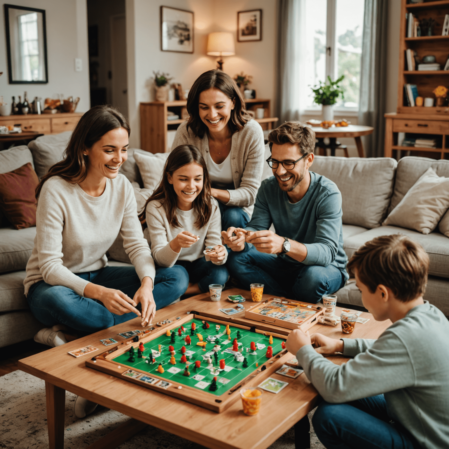 Keluarga bahagia bermain permainan papan bersama di ruang tamu yang nyaman. Terlihat beragam permainan papan, makanan ringan, dan minuman di atas meja.