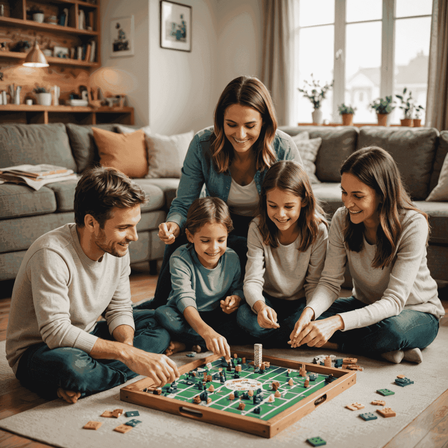 Keluarga bahagia bermain permainan papan edukatif bersama di ruang keluarga yang nyaman. Anak-anak dan orang tua terlihat antusias dan terlibat dalam permainan.
