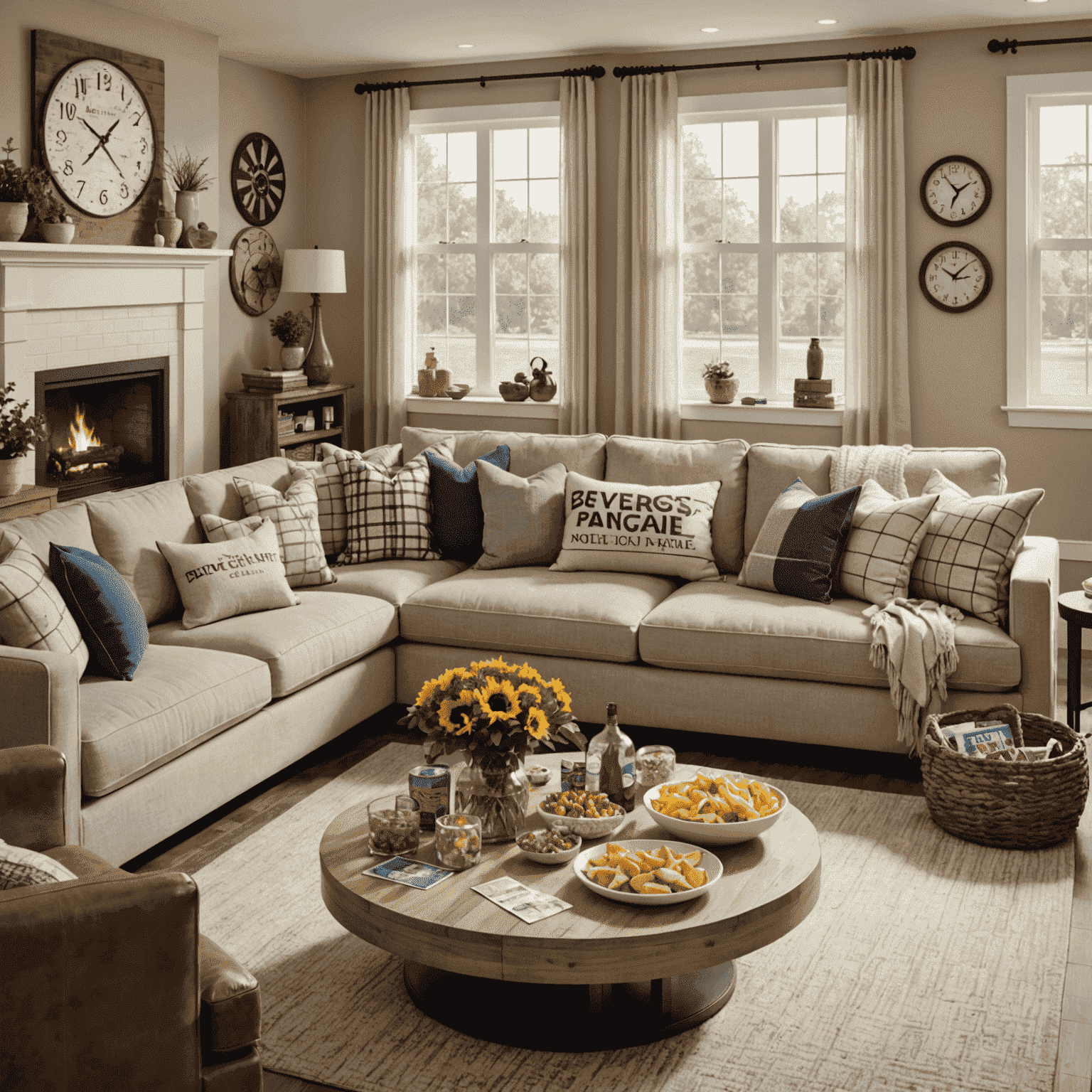 Sebuah ruang keluarga yang dihias untuk malam permainan dengan makanan ringan, permainan papan, dan dekorasi yang menyenangkan