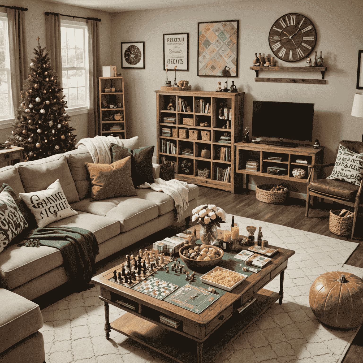 Sebuah ruang keluarga yang disiapkan untuk malam permainan dengan berbagai permainan papan, makanan ringan, dan dekorasi yang menyenangkan