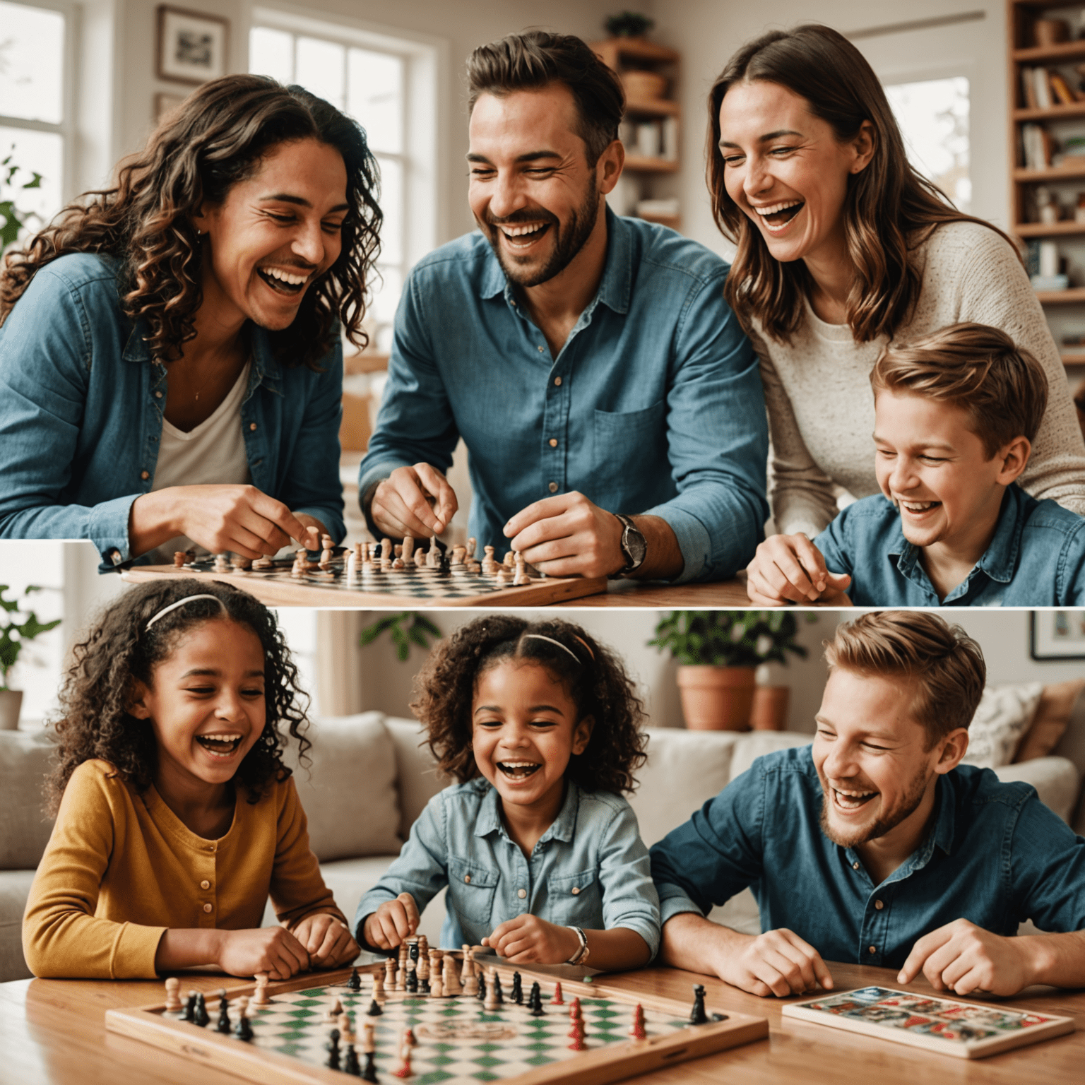 Kolase foto-foto keluarga yang sedang tertawa dan bersenang-senang saat bermain berbagai permainan papan. Terlihat ekspresi gembira dan momen-momen kebersamaan yang hangat.