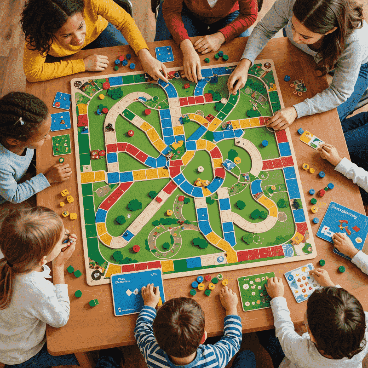 Berbagai permainan papan edukatif yang ditata rapi dengan anak-anak dan orang tua yang sedang belajar dan bermain bersama