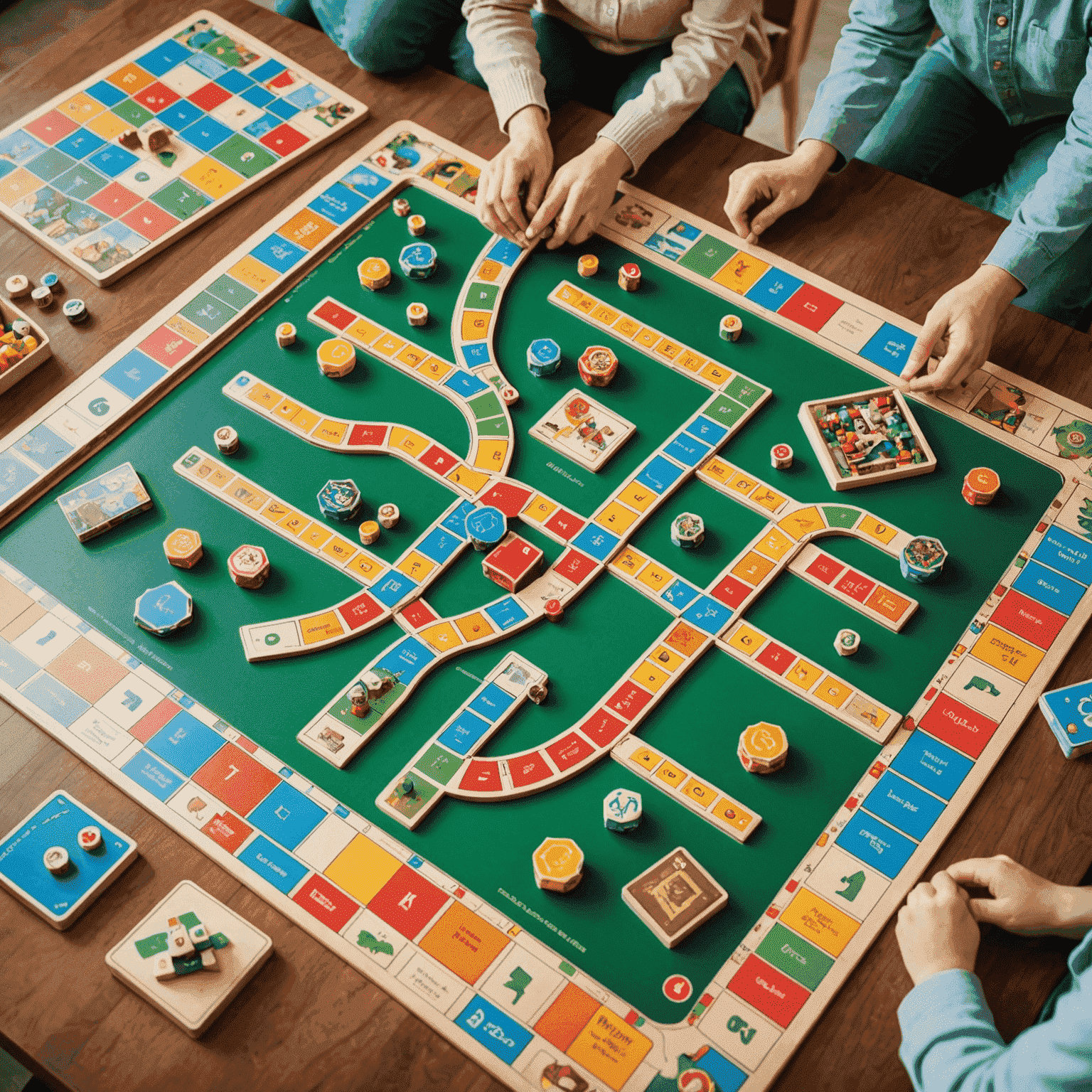 Berbagai permainan papan edukatif yang ditata rapi dengan anak-anak dan orang tua yang sedang belajar bersama