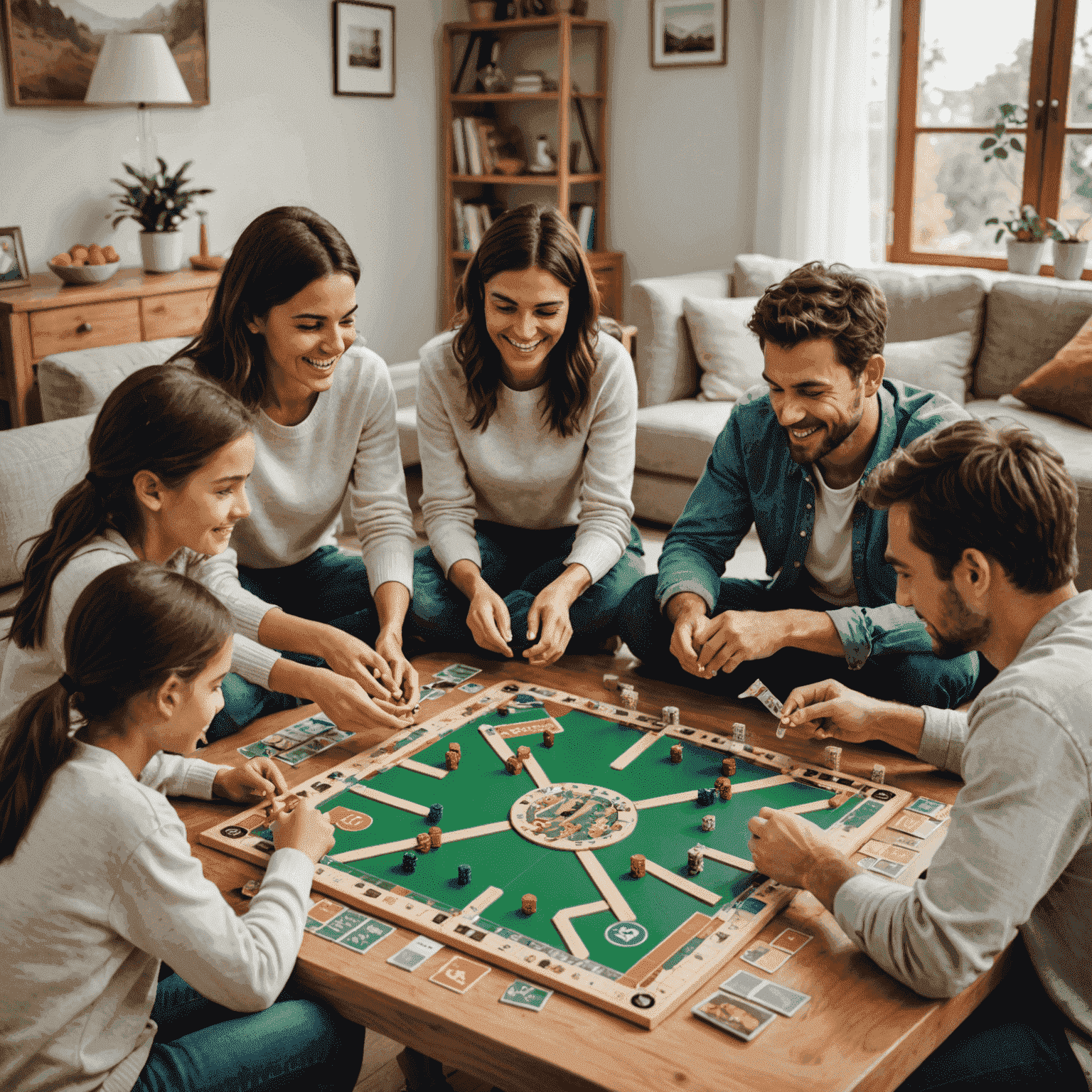 Dua kelompok keluarga bermain permainan papan, satu kelompok bermain permainan kooperatif dan yang lain bermain permainan kompetitif