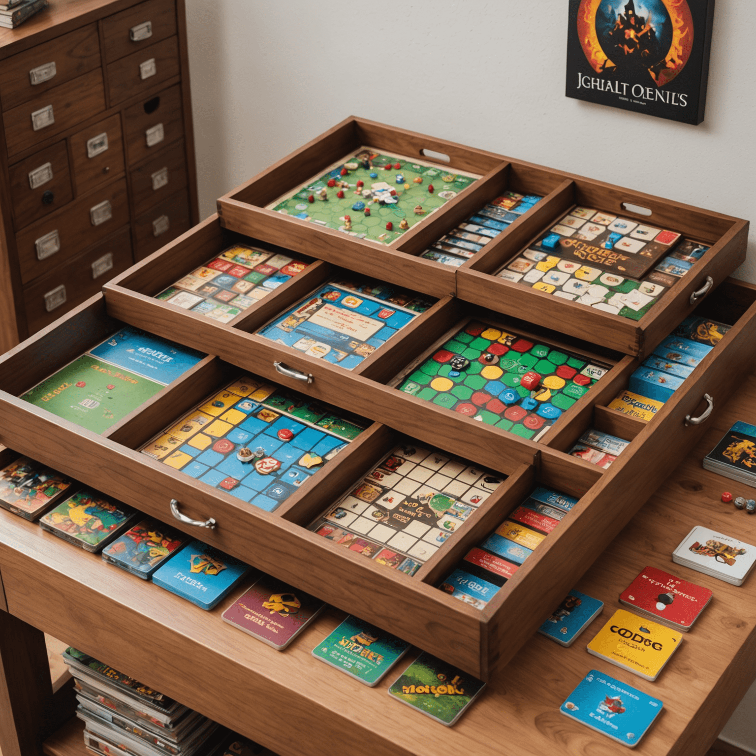 Sistem penyimpanan permainan papan yang rapi dan terorganisir dengan berbagai permainan yang ditata dengan baik